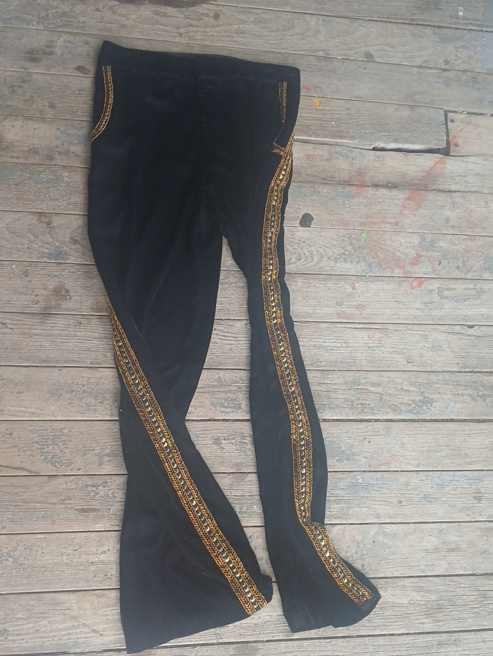 Carolina K Black Velvet High Rise Wide-Leg Pants with Gold Trim - Picture 4 of 7